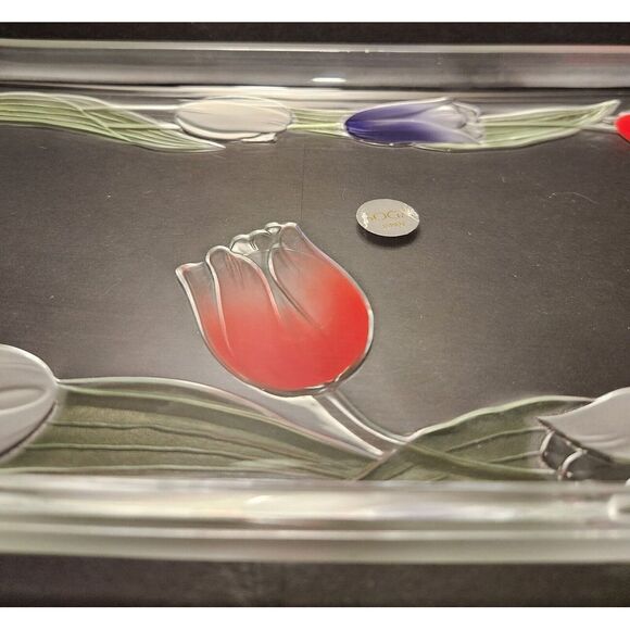 Soga Japan Glass Decorative Serving Platter Vibrant Etched Tulip Pattern - Picture 4 of 11